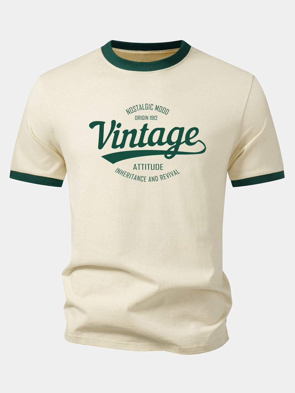Vintage Print Contrasterende Ringer T-Shirt