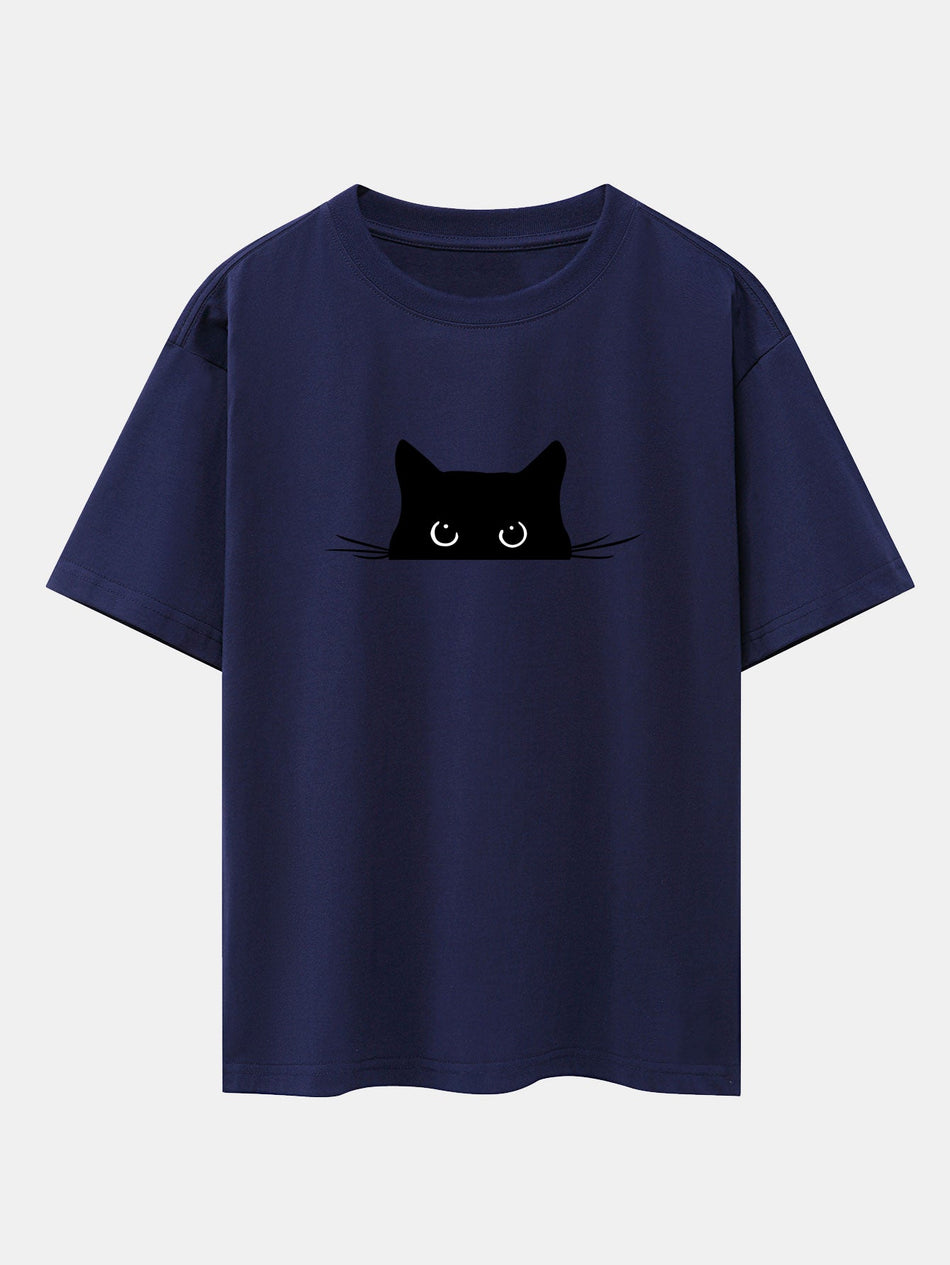 Zwarte Kat Print Drop Shoulder Oversized T-shirt