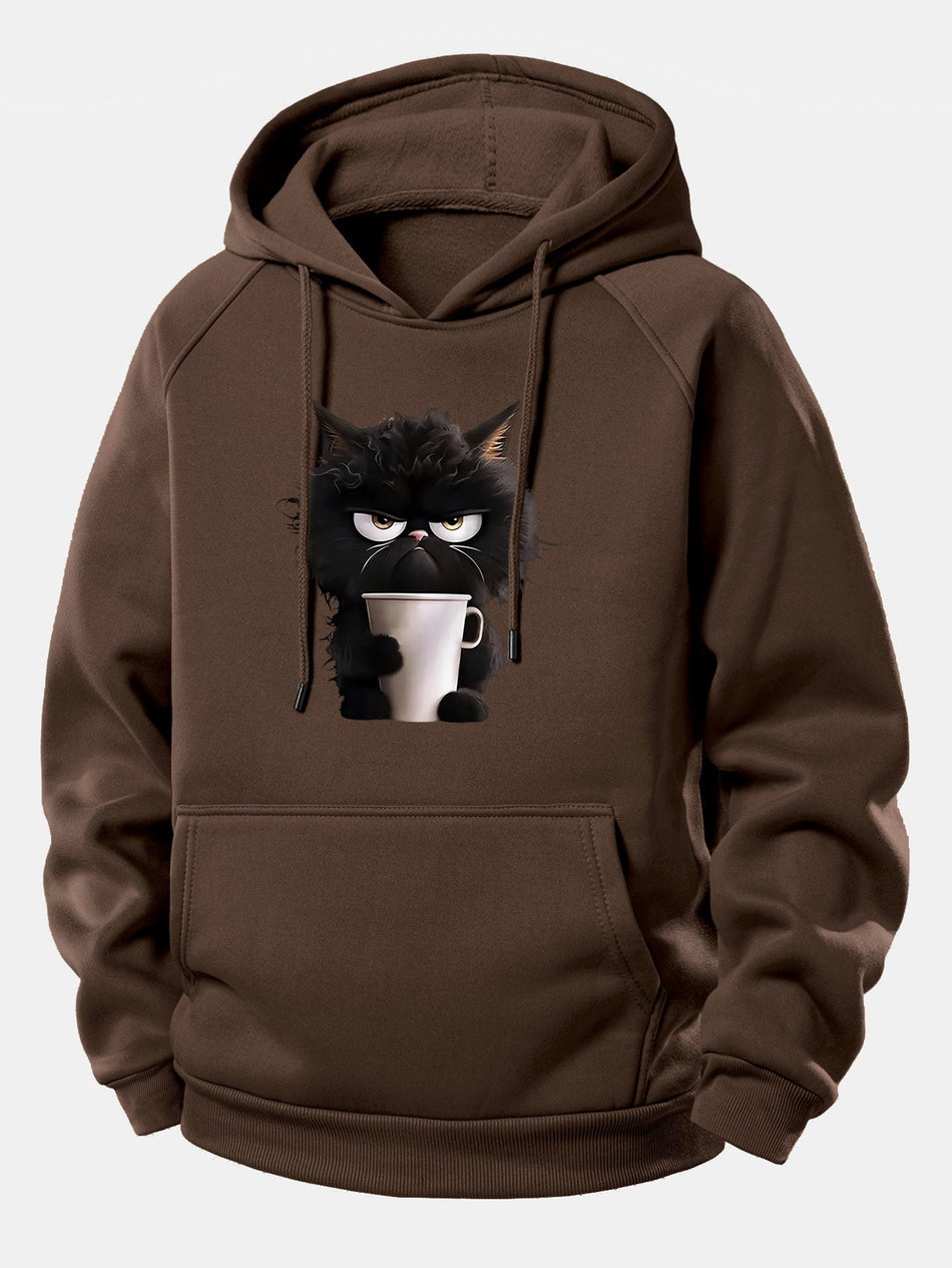 Zwarte Kat Drinkt Koffie Print Trekkoord Hoodie