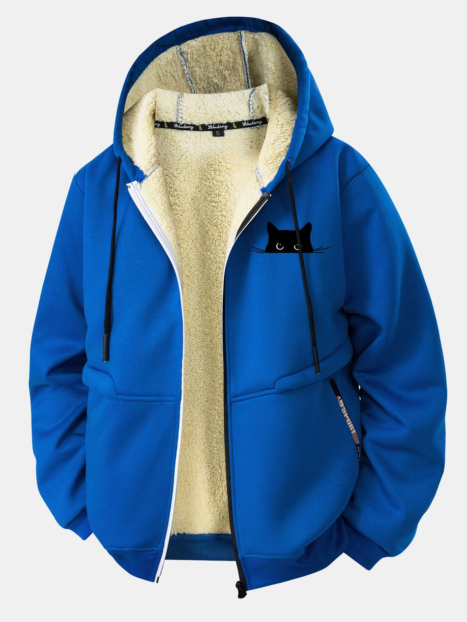 Zwarte Kat Print Teddy Gevoerde Rits Hoodie