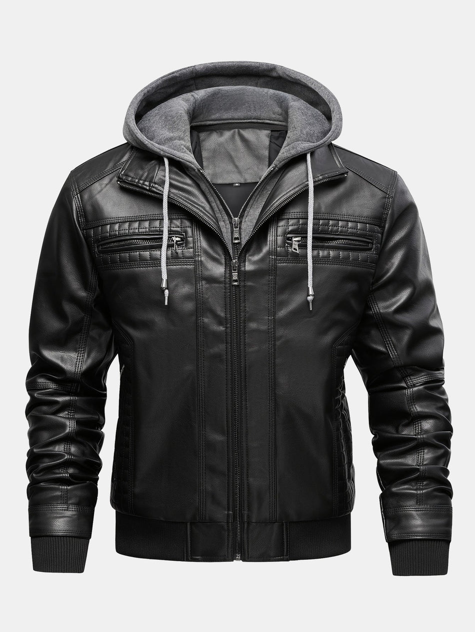 2-in-1 PU leren jas met afneembare capuchon
