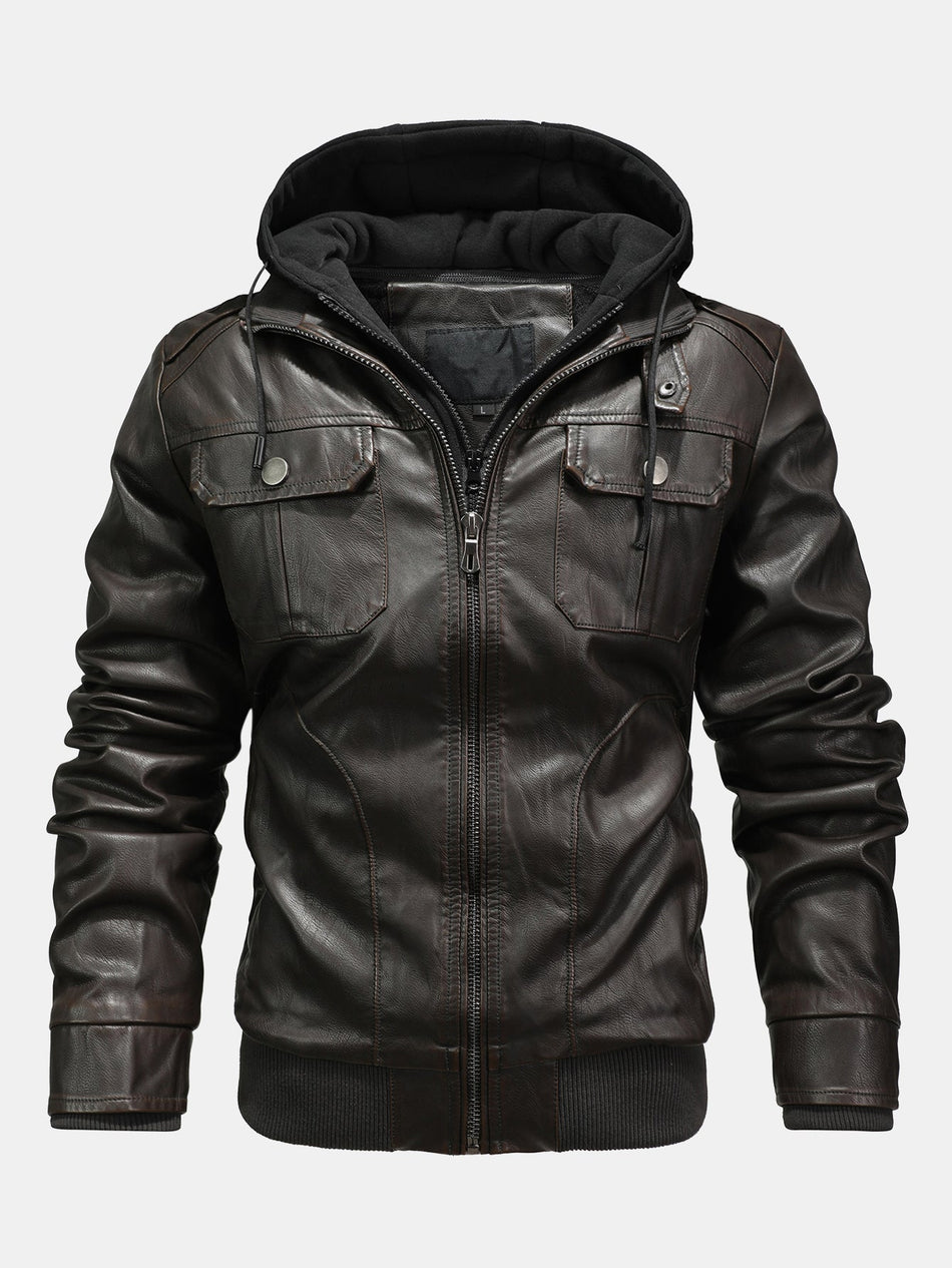 2-in-1 PU leren jas met afneembare capuchon