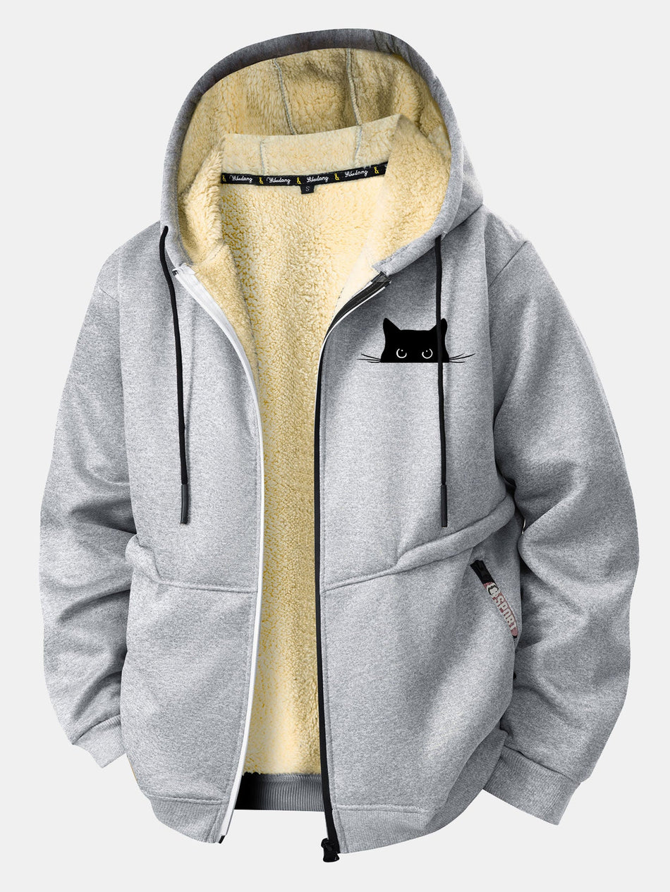 Zwarte Kat Print Teddy Gevoerde Rits Hoodie