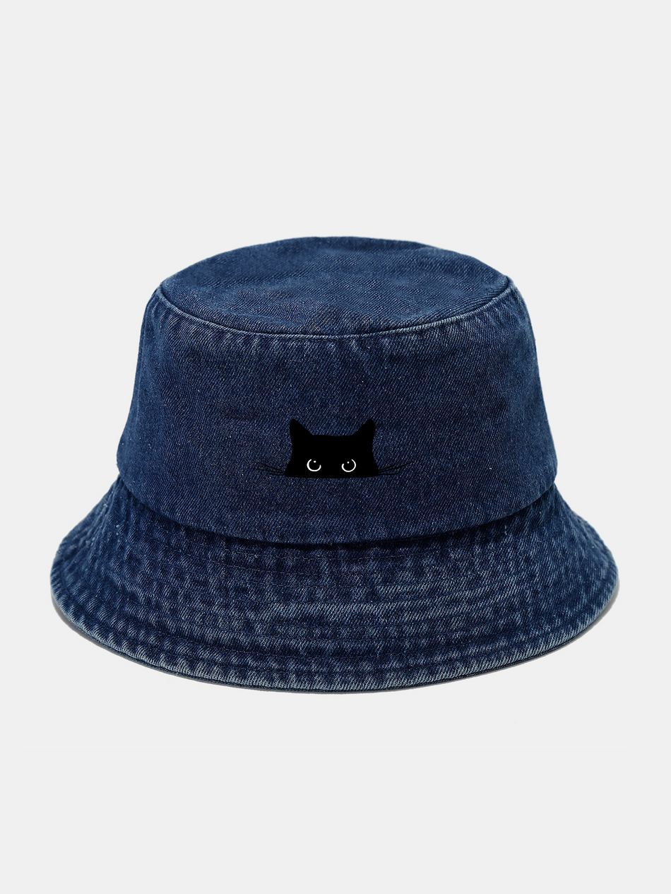 Zwarte kat print gewassen en distressed bucket hat