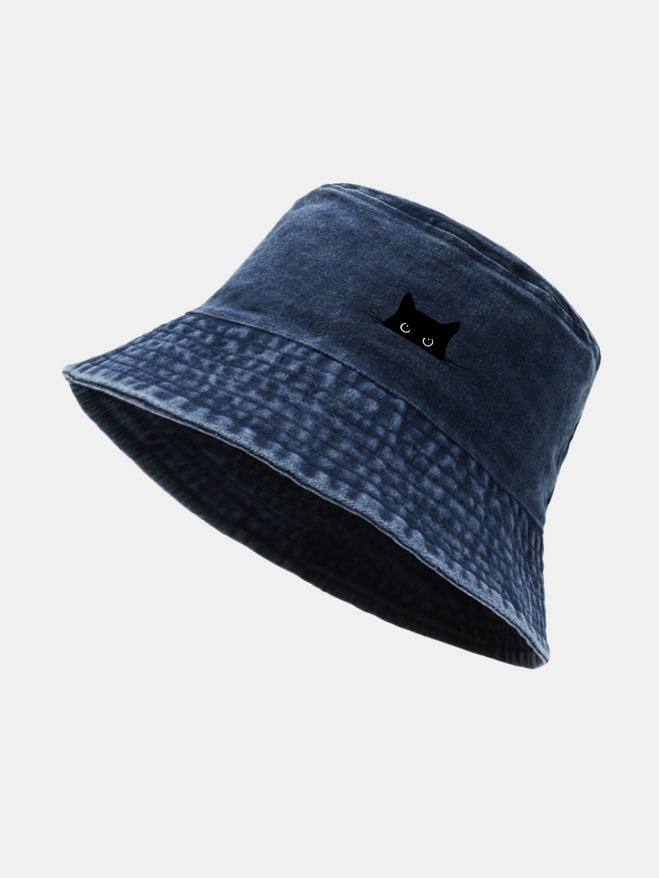 Zwarte kat print gewassen en distressed bucket hat