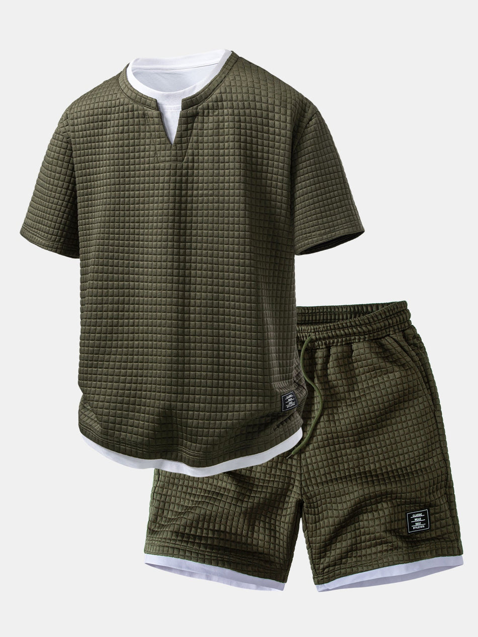 2-in-1 wafel T-shirt met inkeping in de kraag en Korte broeken met trekkoord van 7" set