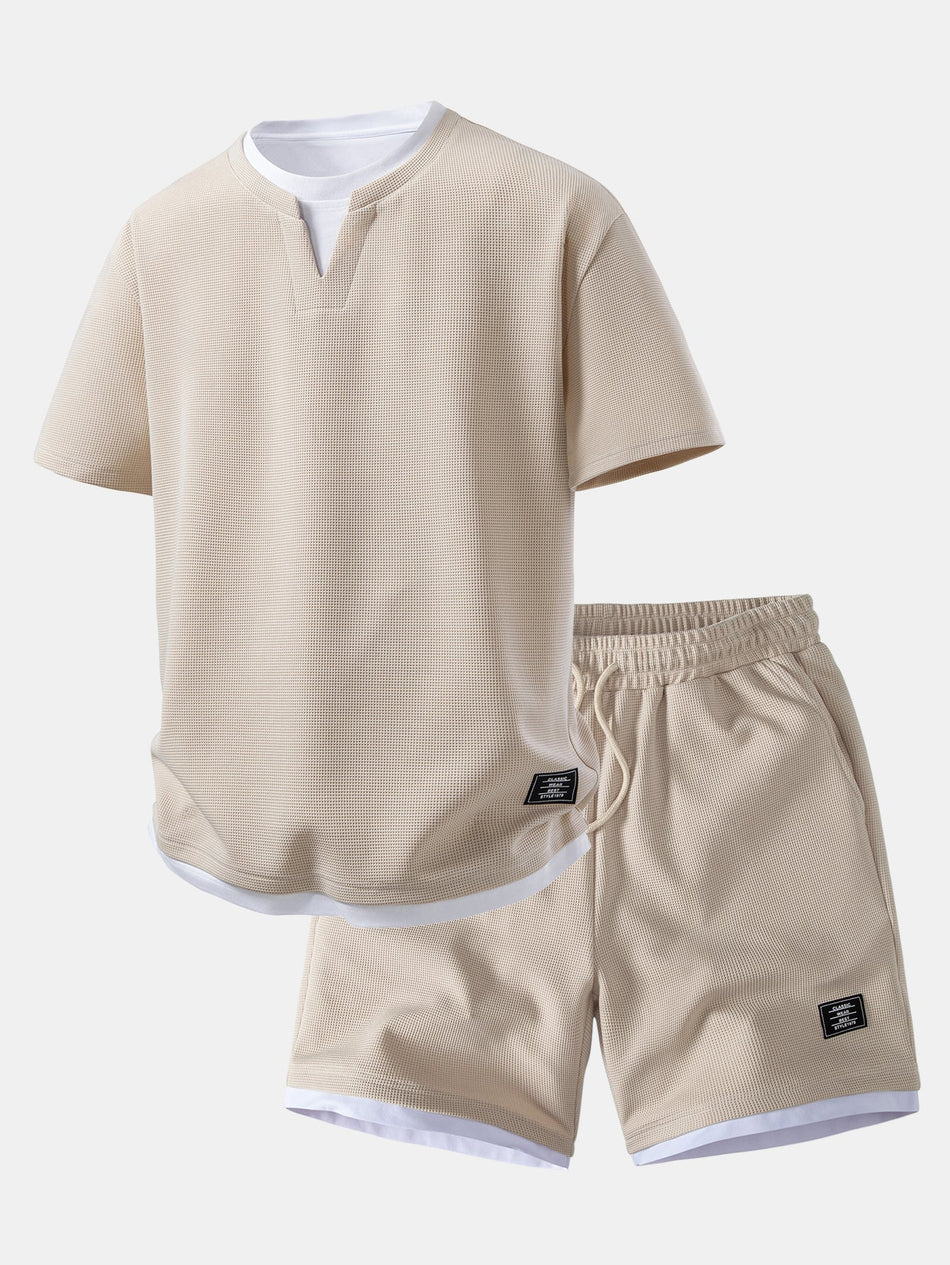2-in-1 wafel T-shirt met inkeping in de kraag en Korte broeken van 7" set