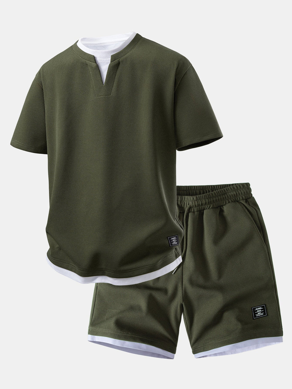 2-in-1 wafel T-shirt met inkeping in de kraag en Korte broeken van 7" set