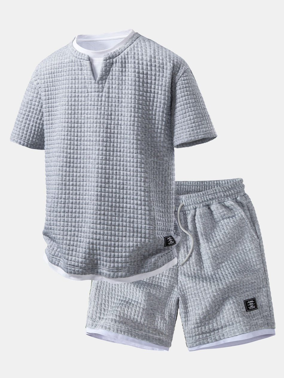 2-in-1 wafel T-shirt met inkeping in de kraag en Korte broeken met trekkoord van 7" set