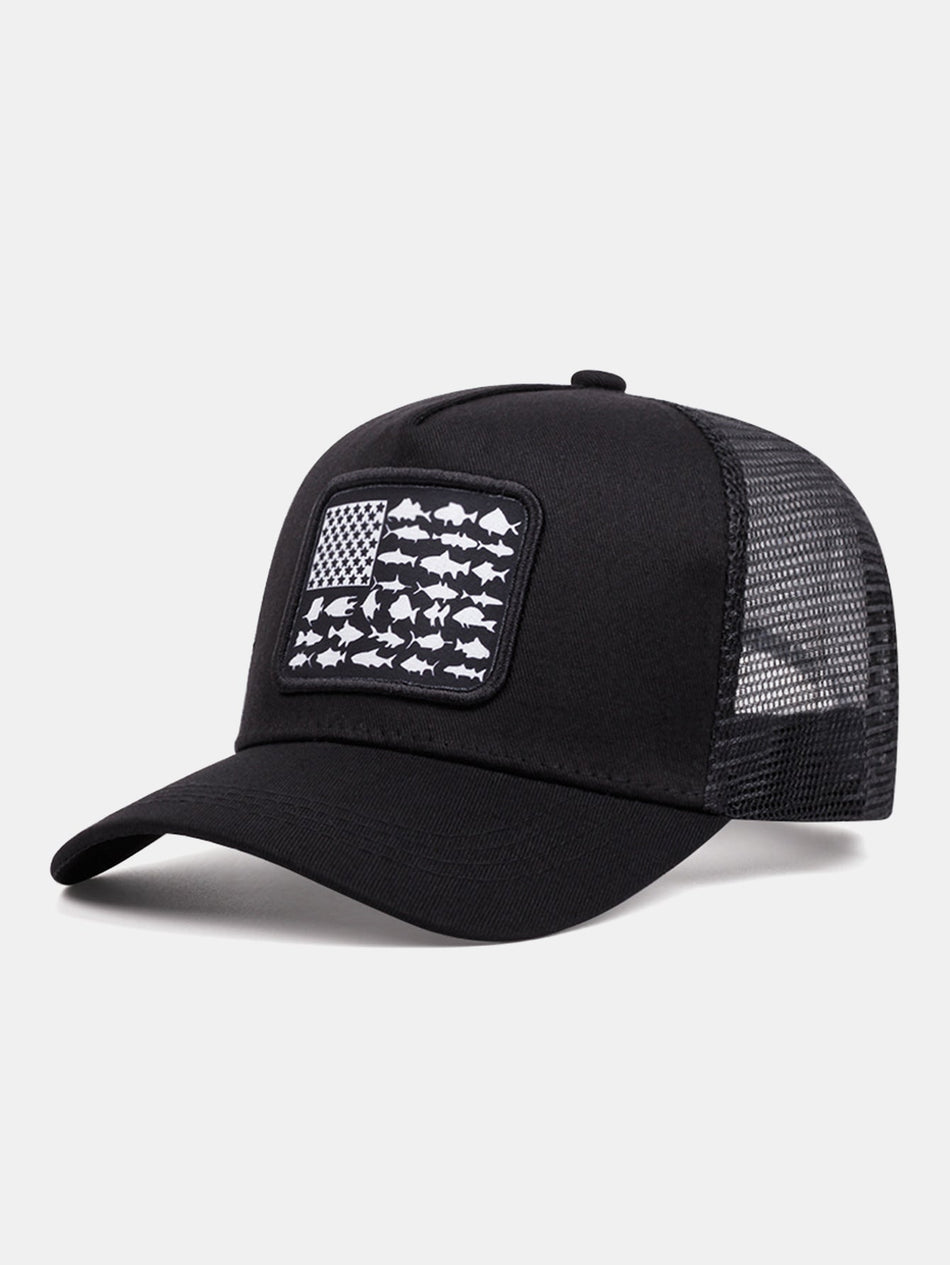 Amerikaanse vis vlag patch tweekleurige trucker pet - ademend mesh aan achterkant, verstelbare snapback, outdoor visserij baseballpet
