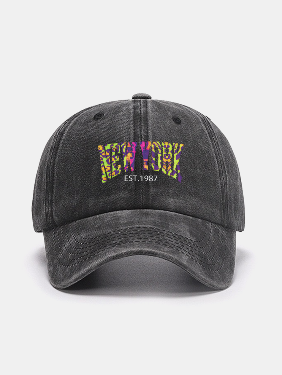 Washed baseballpet met luipaard en New York-print
