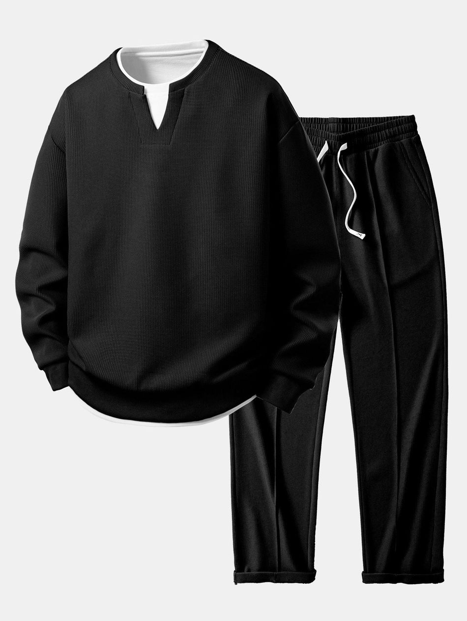 2-in-1 Wafel Sweatshirt met Notched Kraag & Wafel Geplooide Pintuck Rechte Broek