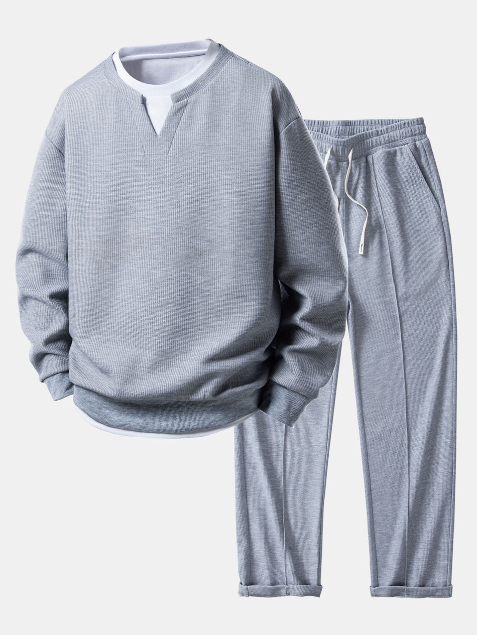 2-in-1 Wafel Sweatshirt met Notched Kraag & Wafel Geplooide Pintuck Rechte Broek
