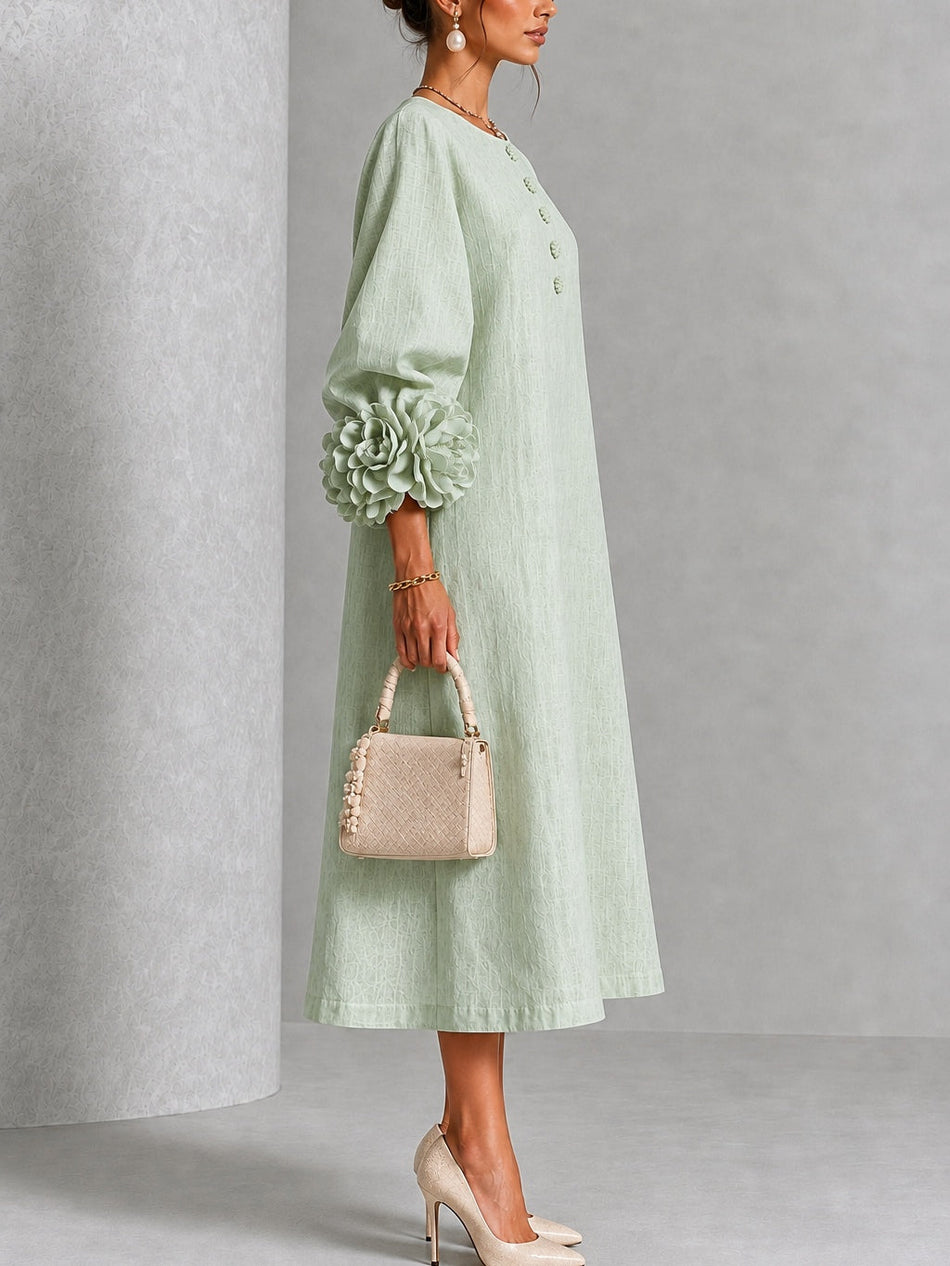 Sage Mist Midi Dress with Flower Buttons & Statement Sleeves