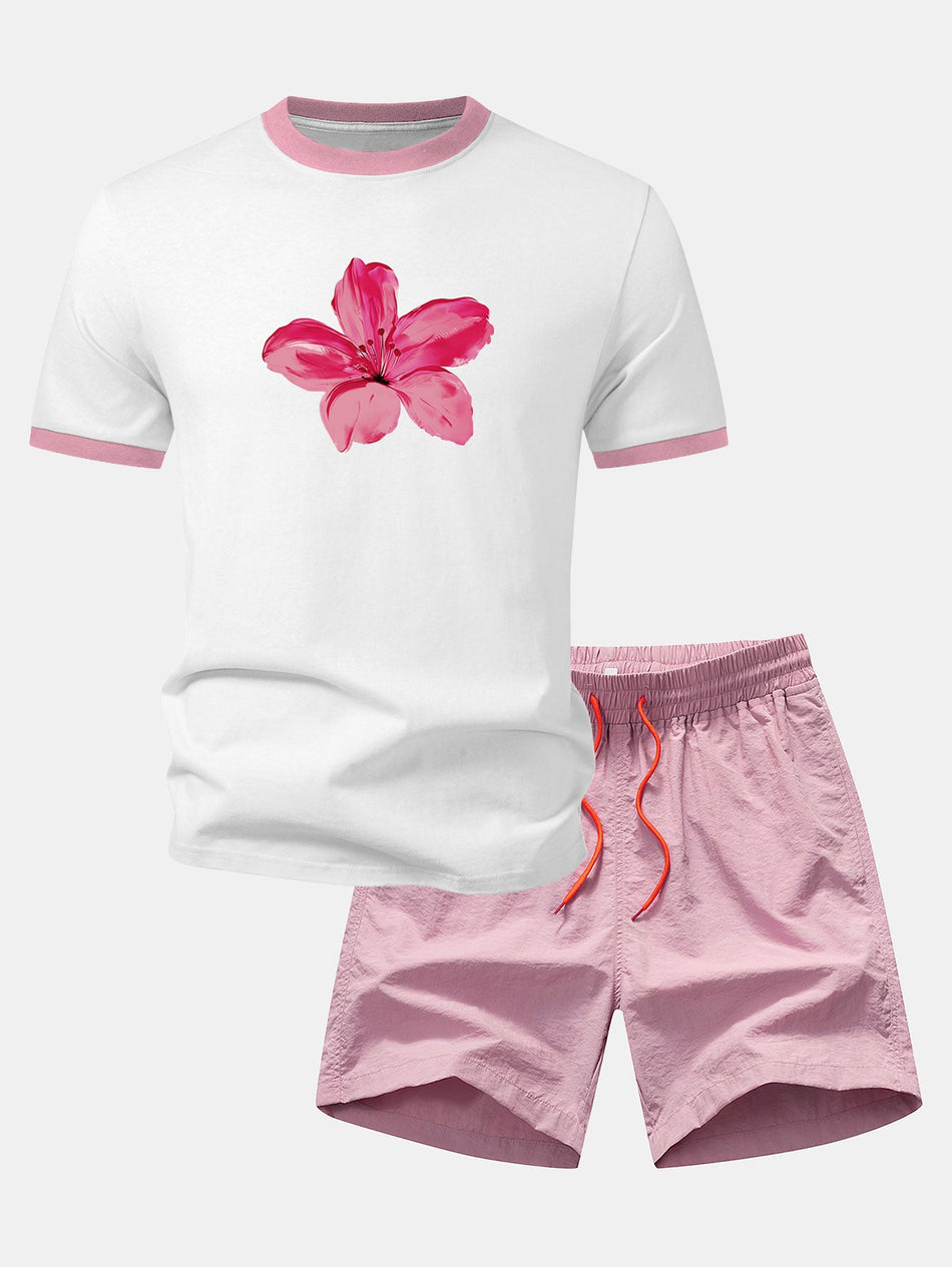 Waterverf Hibiscus Print Contrast Ringer T-shirt & Zwem Korte broeken