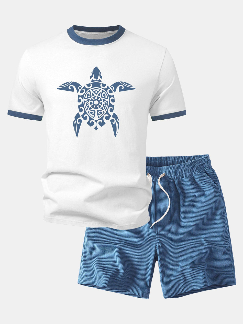 Zeeschildpad Print T-shirt met Contrasterende Randen & Corduroy 7" Korte broeken