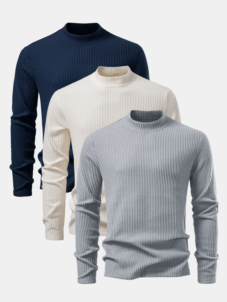 3-delige set wafelstructuur T-shirt met lange mouwen en col