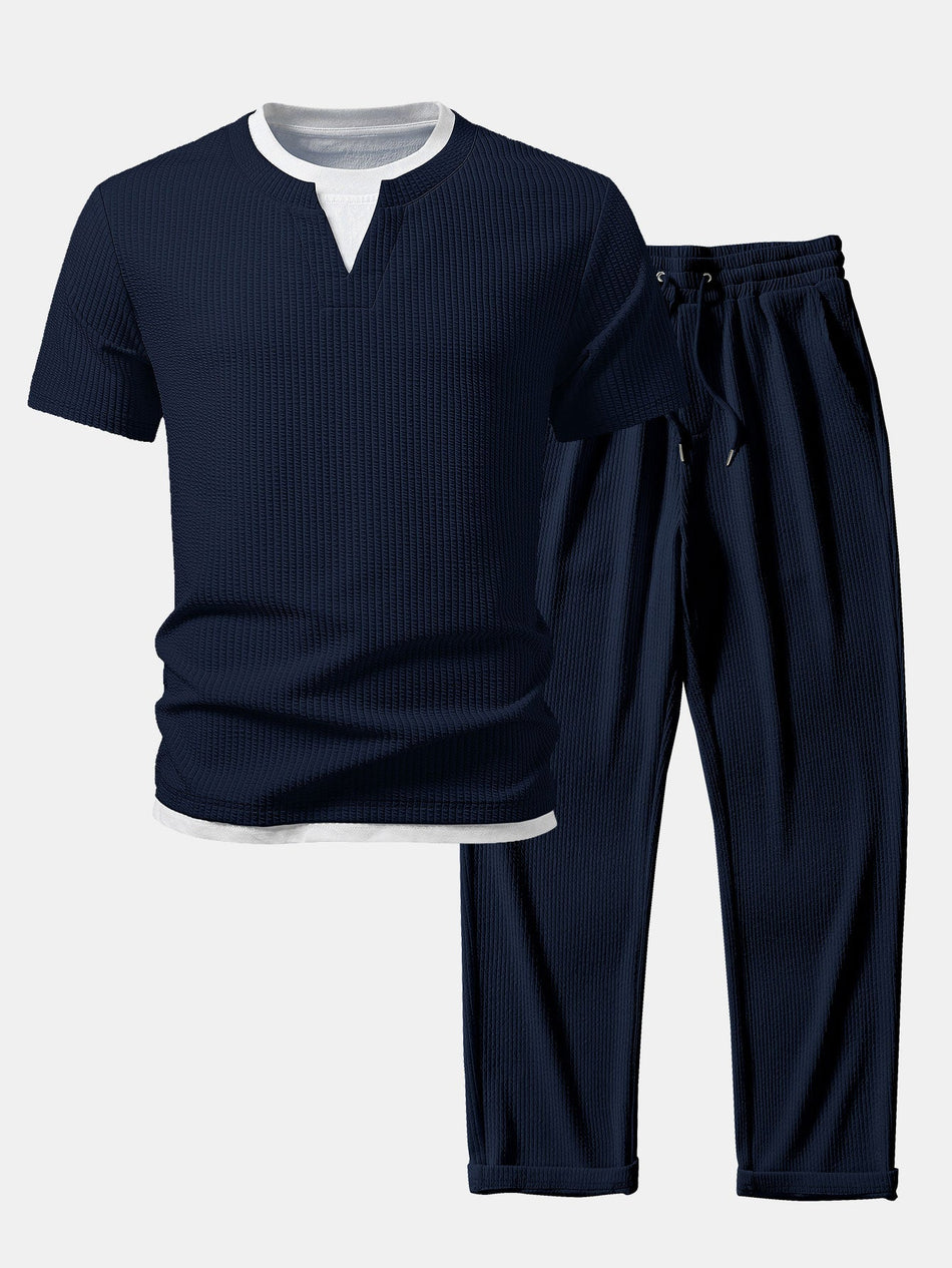 2 In 1 Geribbelde T-shirt met Ingesneden Kraag & Rechte Geribbelde Broek