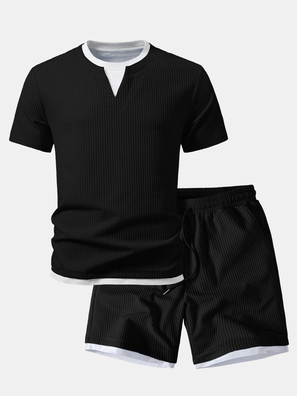 2-in-1 geribd T-shirt met ingesneden kraag en geribde Korte broeken van 7"