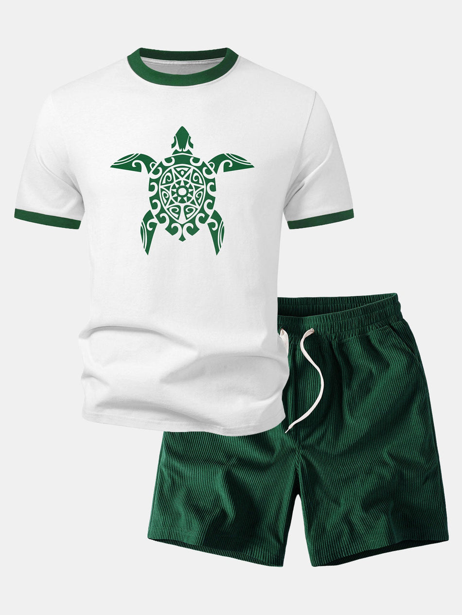 Zeeschildpad Print T-shirt met Contrasterende Randen & Corduroy 7" Korte broeken