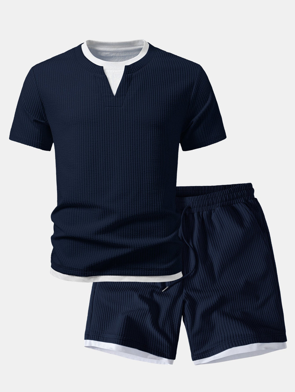 2-in-1 geribd T-shirt met ingesneden kraag en geribde Korte broeken van 7"
