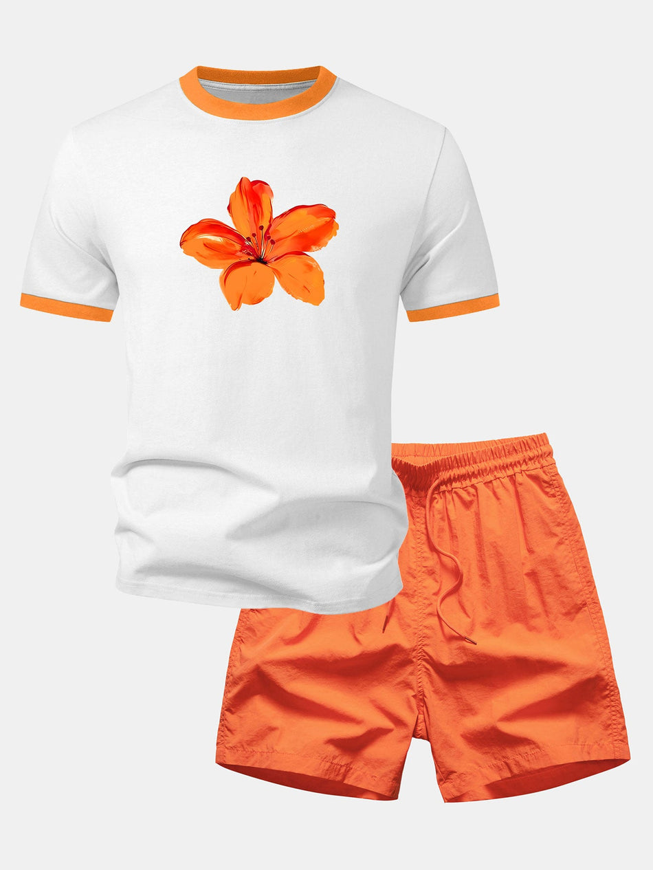 Waterverf Hibiscus Print Contrast Ringer T-shirt & Zwem Korte broeken