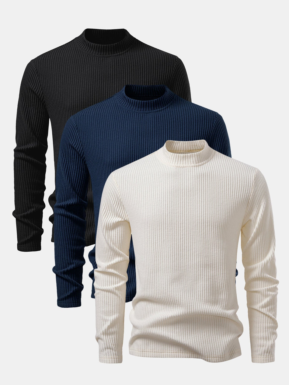 3-delige set wafelstructuur T-shirt met lange mouwen en col
