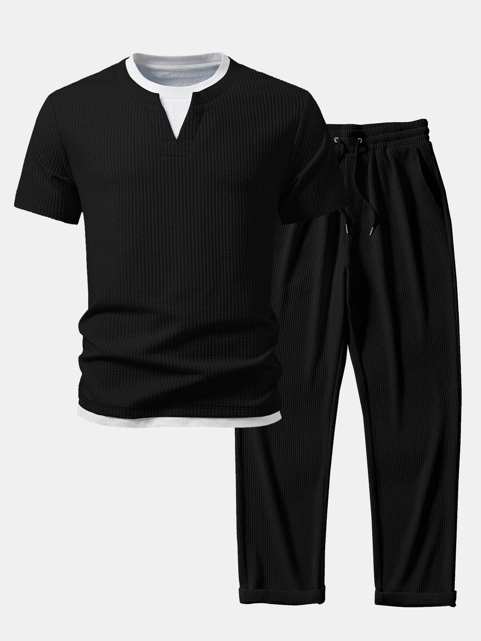 2 In 1 Geribbelde T-shirt met Ingesneden Kraag & Rechte Geribbelde Broek