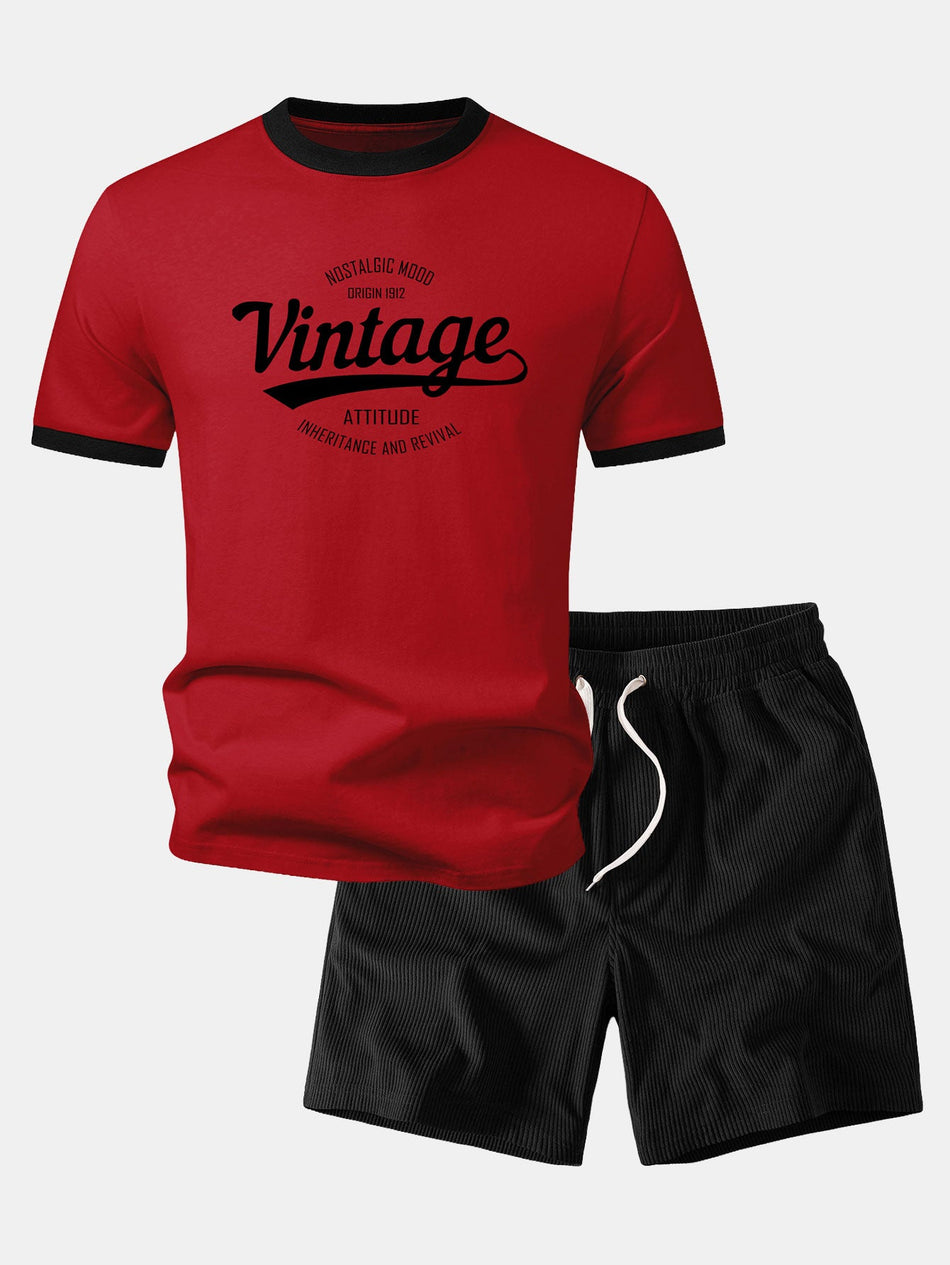 Vintage Print T-shirt met Contrasterende Randen & Corduroy 7" Korte broeken
