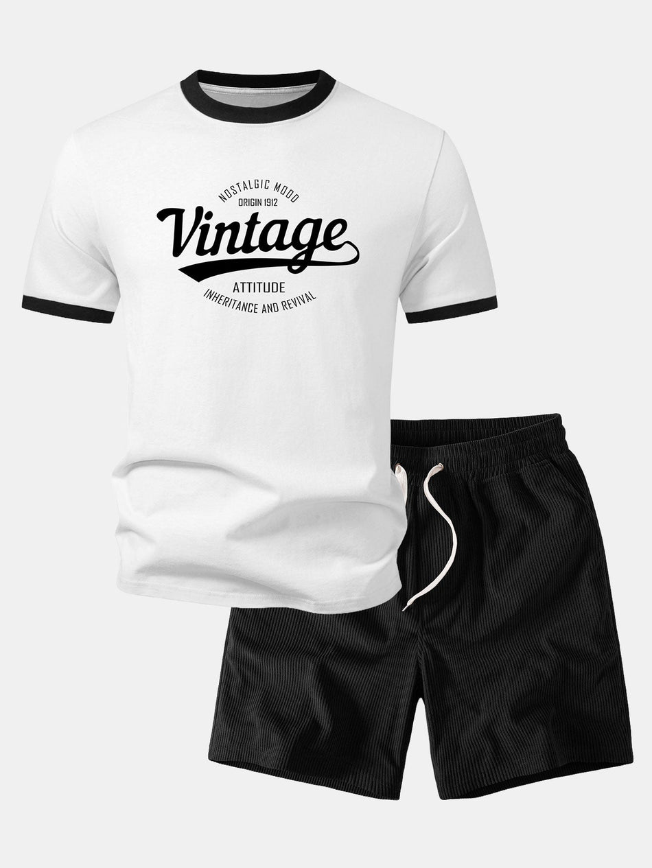 Vintage Print T-shirt met Contrasterende Randen & Corduroy 7" Korte broeken