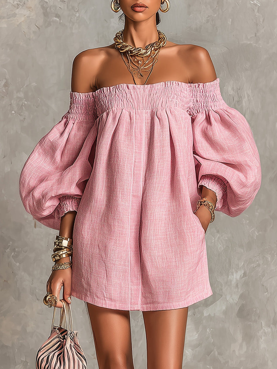 Pink Off-shoulder Lantern Sleeve A-line Loose Mini Dress