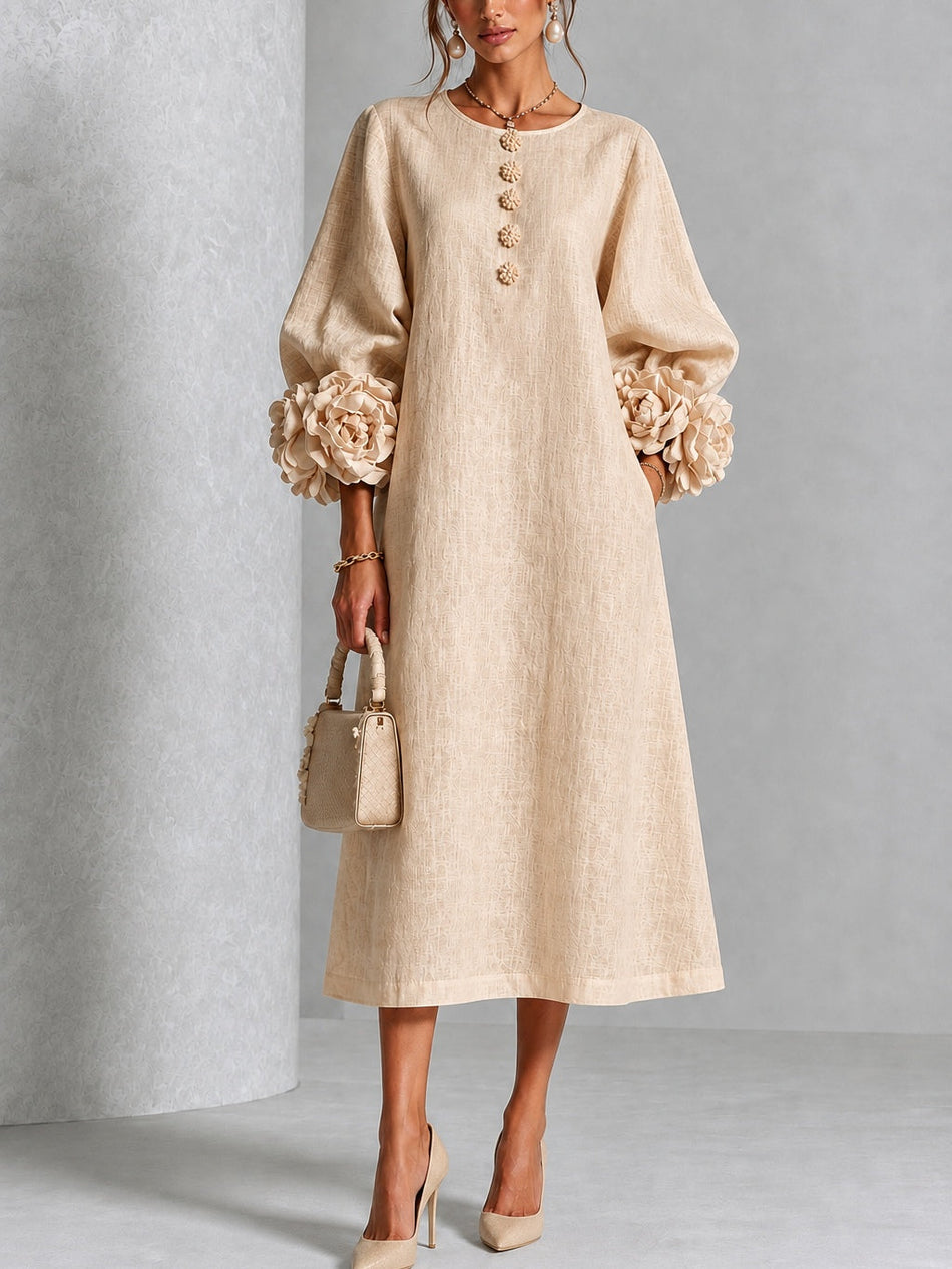 Beige Floral Midi Dress with Flower Buttons & Statement Sleeves