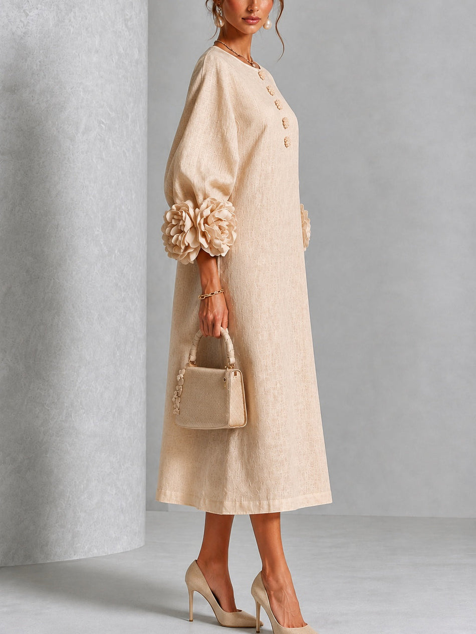 Beige Floral Midi Dress with Flower Buttons & Statement Sleeves