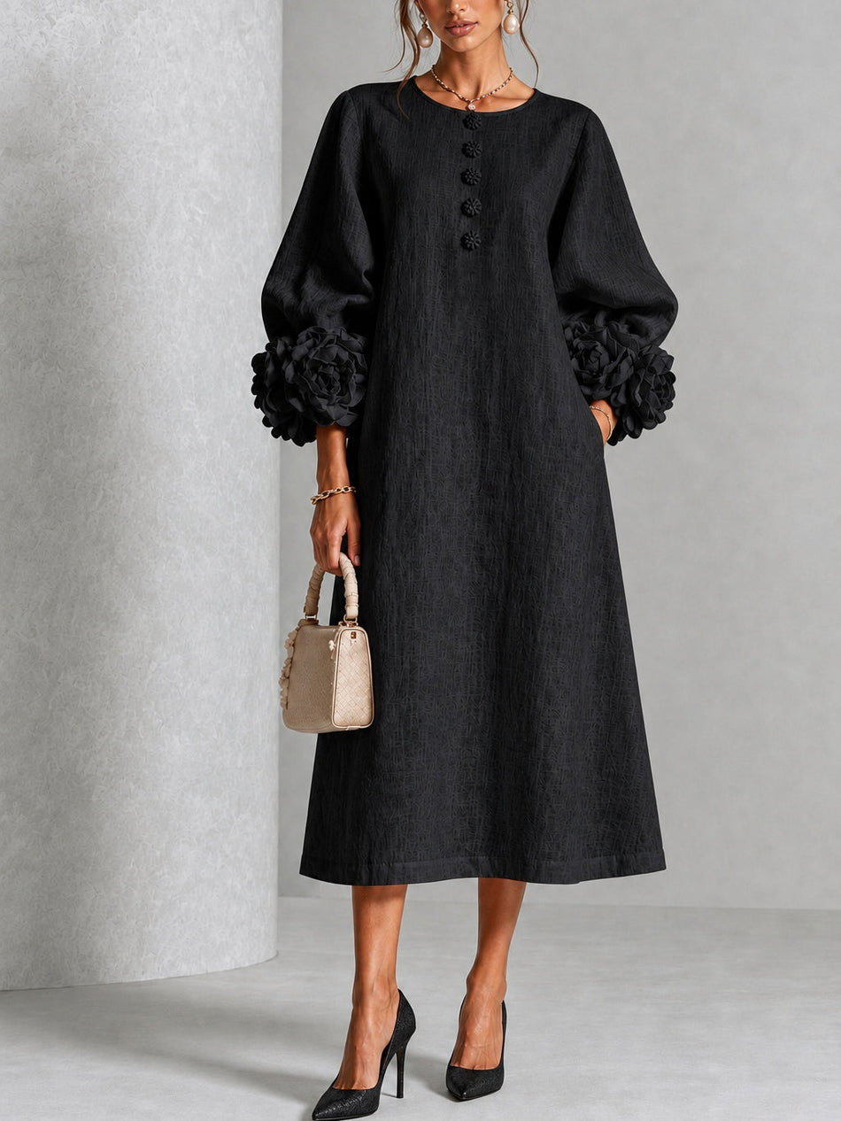 Black Floral Midi Dress with Flower Buttons & Statement Sleeves