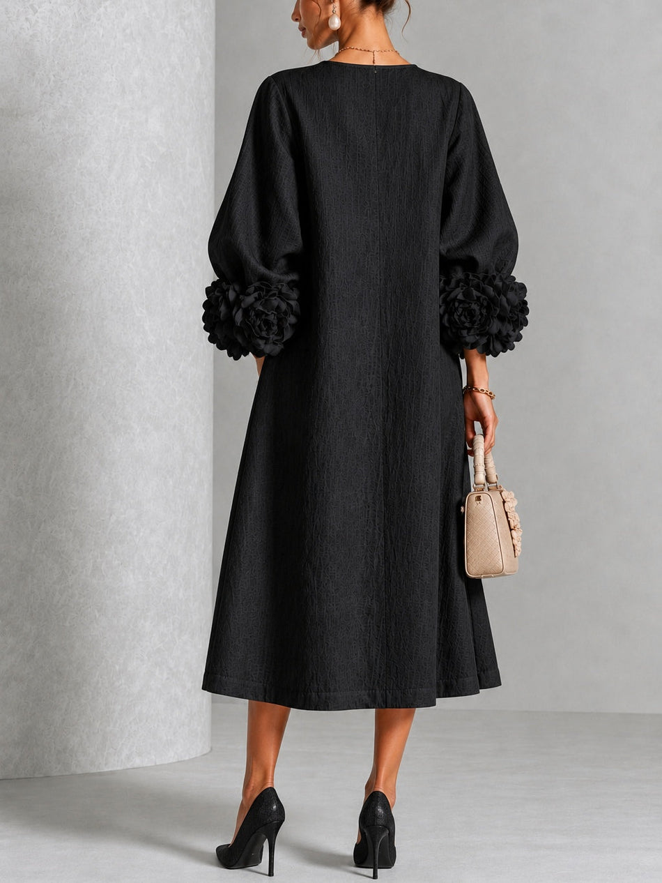 Black Floral Midi Dress with Flower Buttons & Statement Sleeves