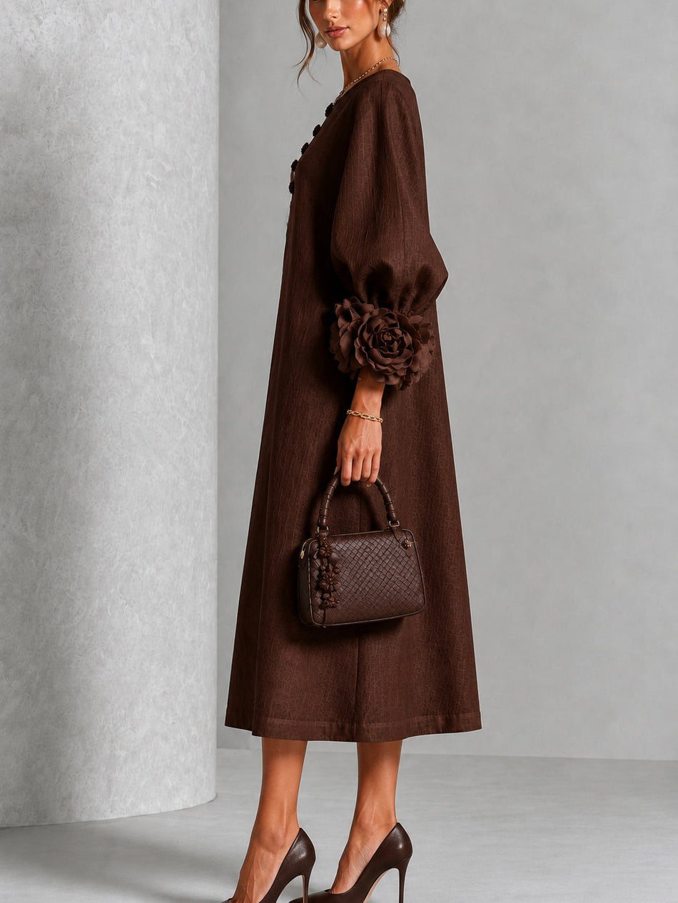 Brown Midi Dress with Flower Buttons & Statement Sleeves