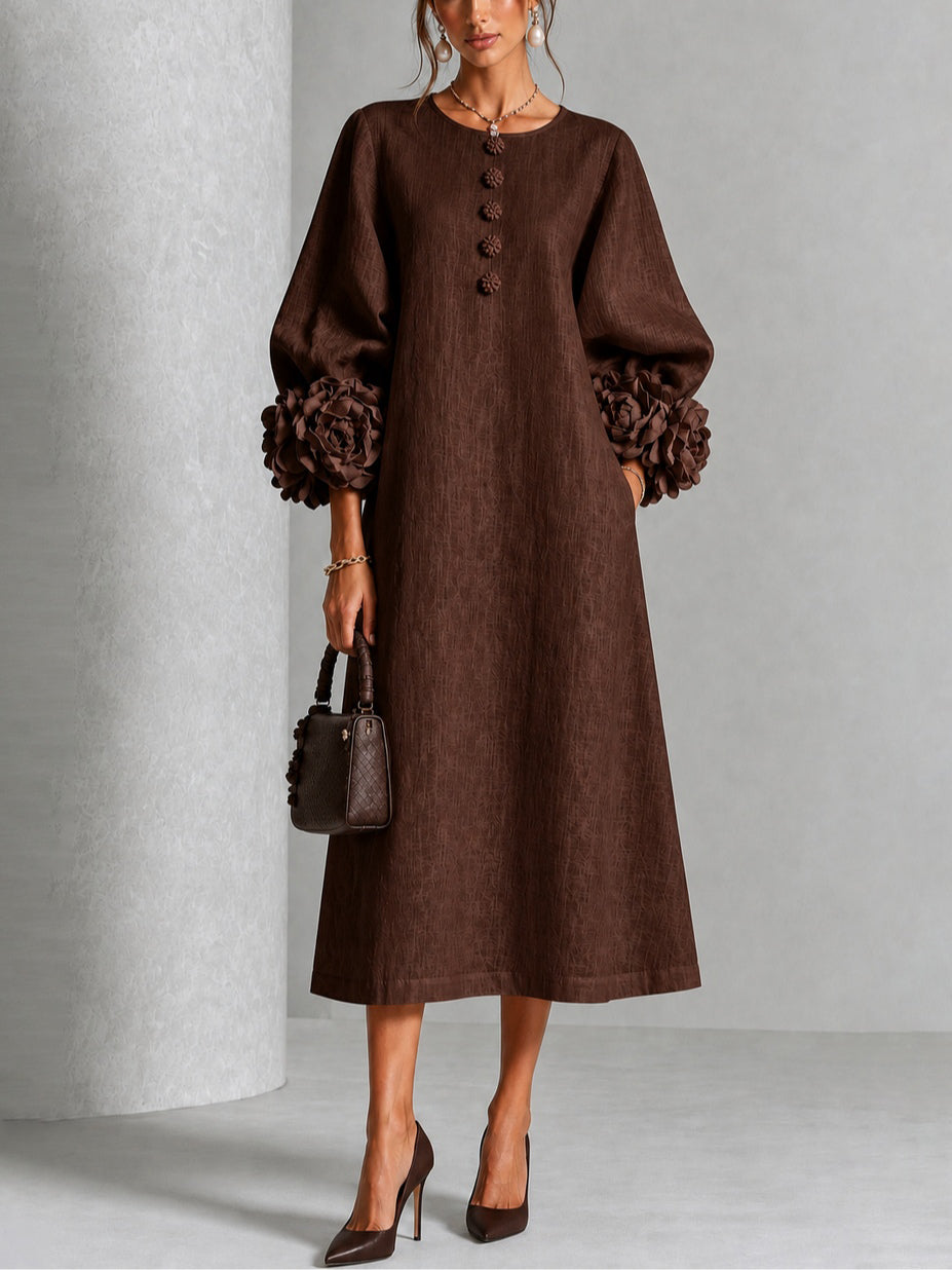 Brown Midi Dress with Flower Buttons & Statement Sleeves