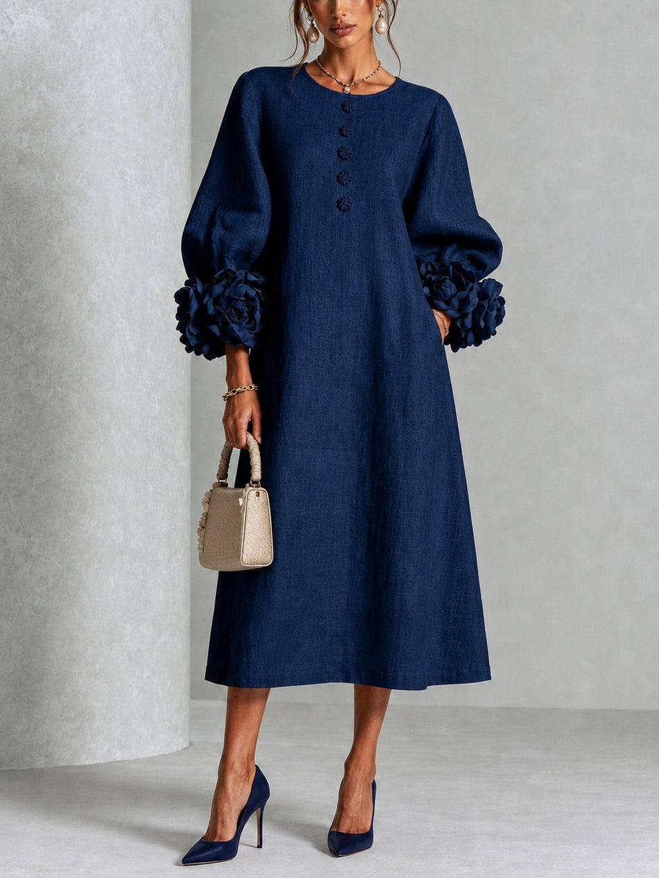 Navy Midi Dress with Flower Buttons & Statement Sleeves