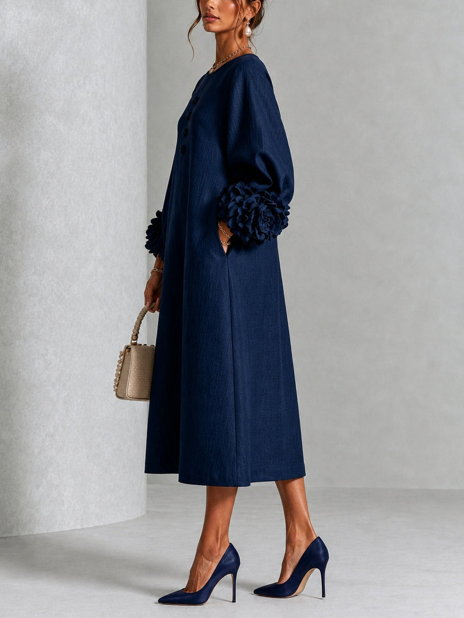 Navy Midi Dress with Flower Buttons & Statement Sleeves