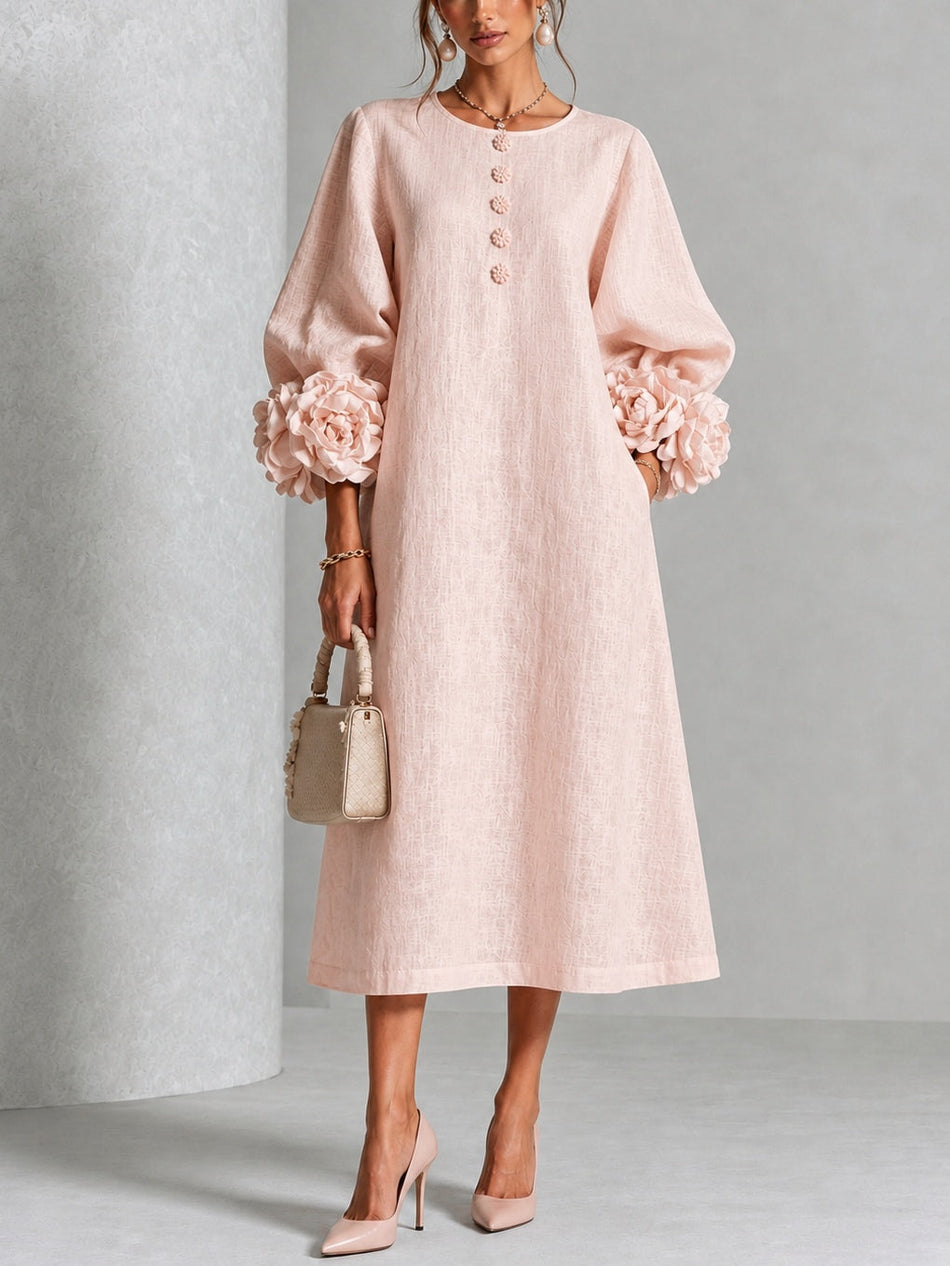 Pink Midi Dress with Flower Buttons & Statement Sleeves