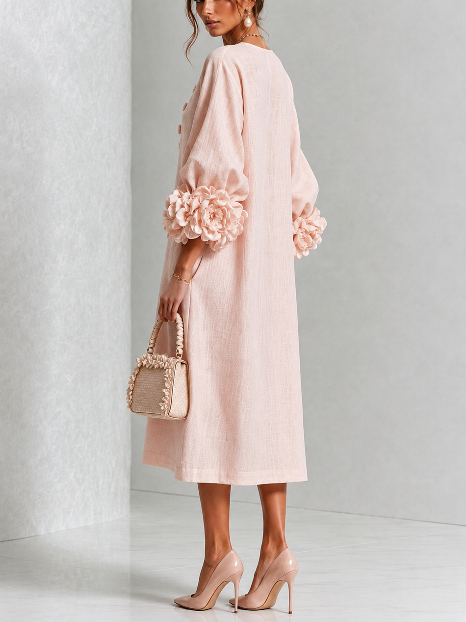 Pink Midi Dress with Flower Buttons & Statement Sleeves