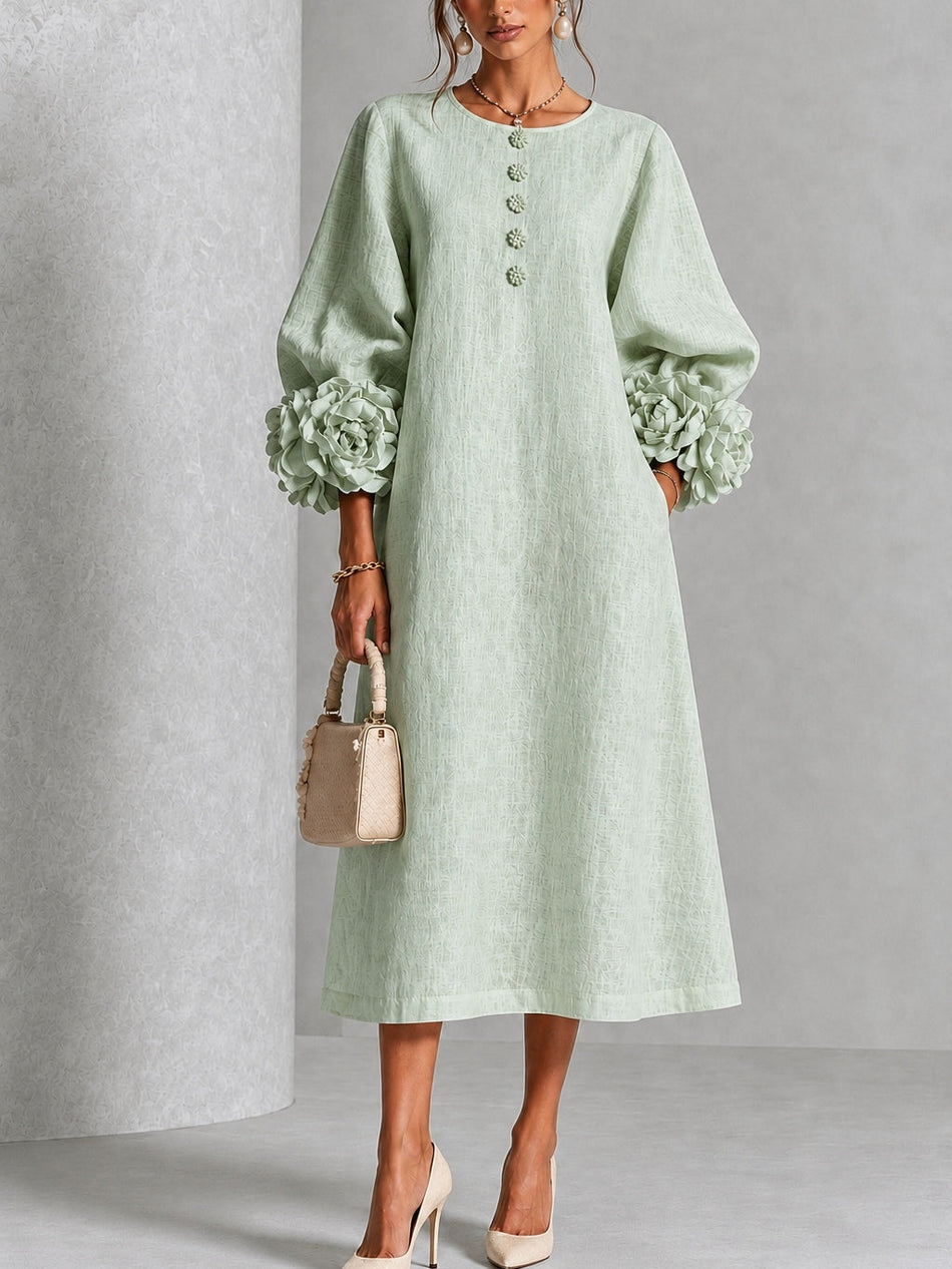 Sage Mist Midi Dress with Flower Buttons & Statement Sleeves