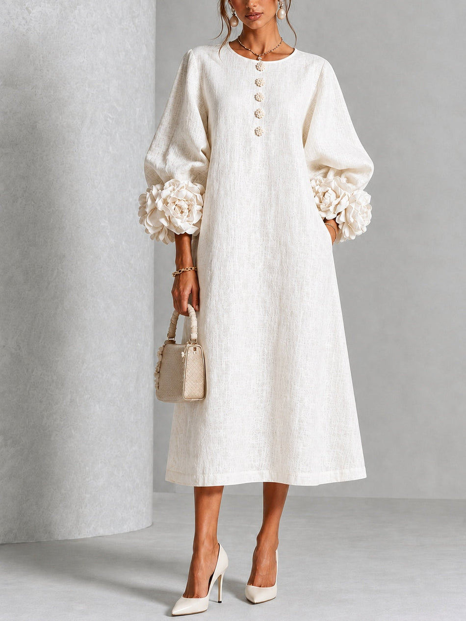 White Midi Dress with Flower Buttons & Decorative Sleeves