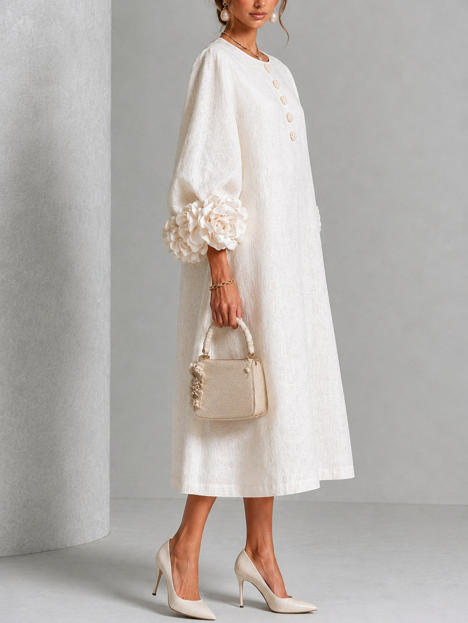 White Midi Dress with Flower Buttons & Decorative Sleeves