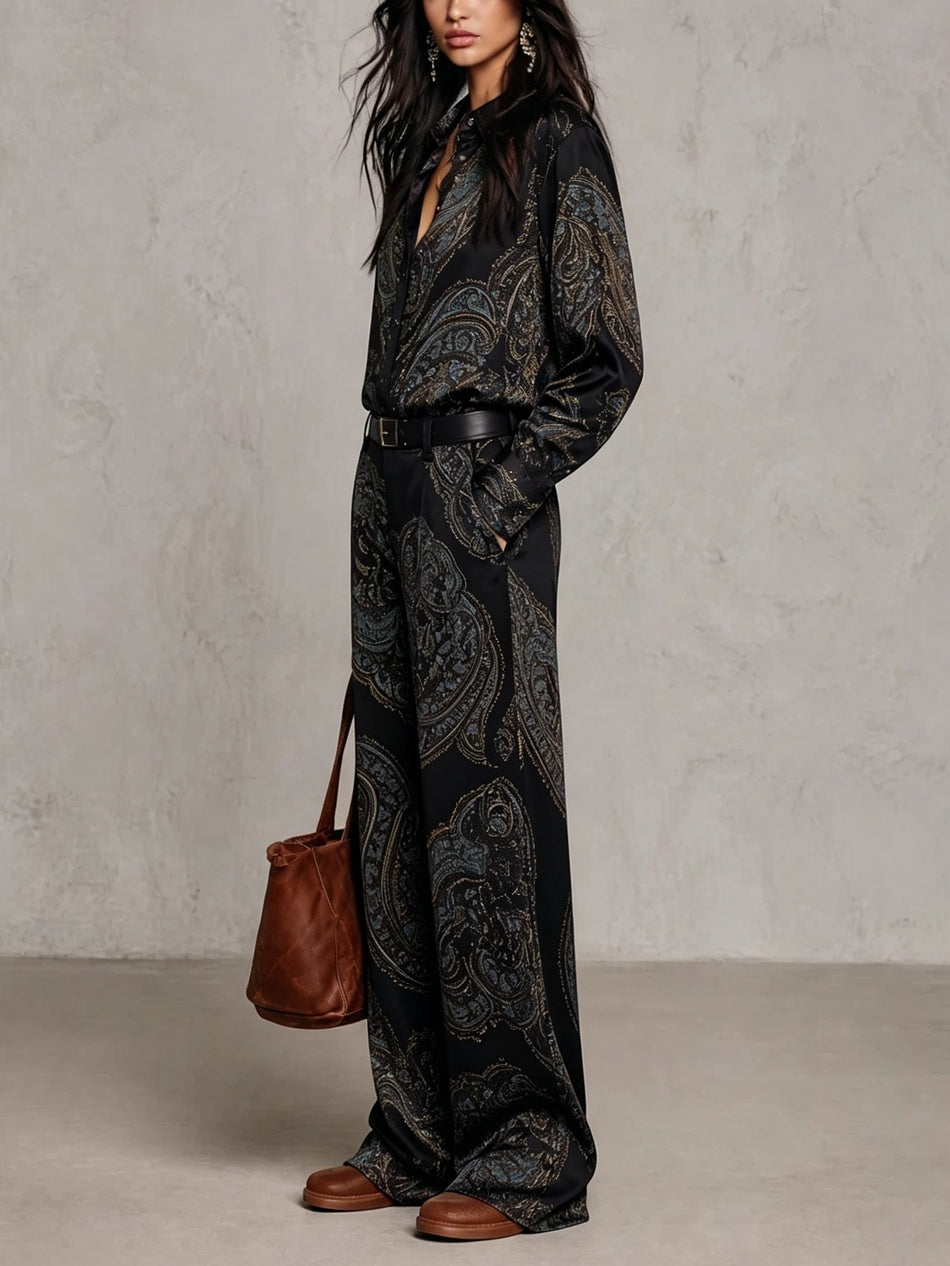 Black Satin Long-Sleeve Shirt & Wide-Leg Trousers Set