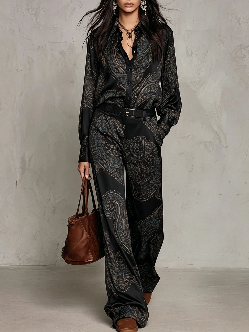 Black Satin Long-Sleeve Shirt & Wide-Leg Trousers Set