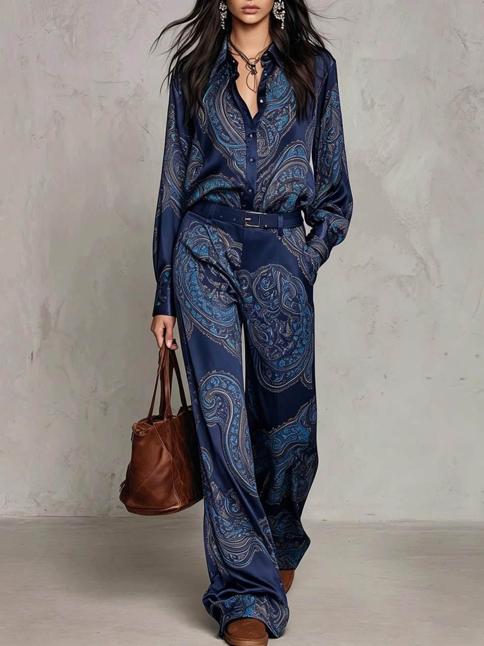 Navy Satin Long-Sleeve Shirt & Wide-Leg Trousers Set