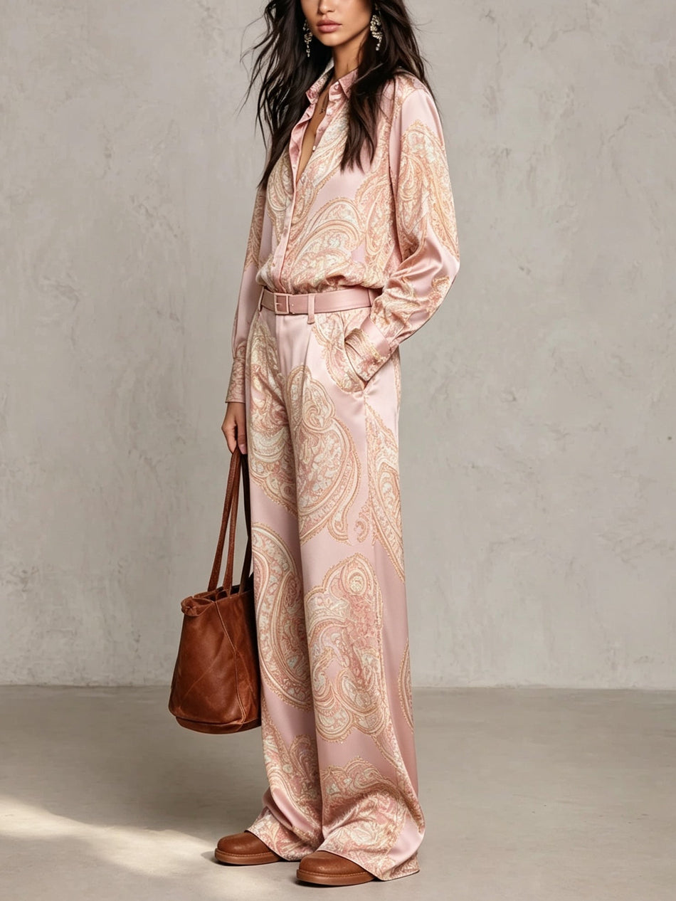 Pink Satin Long-Sleeve Shirt & Wide-Leg Trousers Set