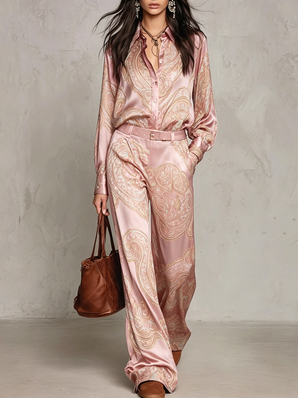 Pink Satin Long-Sleeve Shirt & Wide-Leg Trousers Set