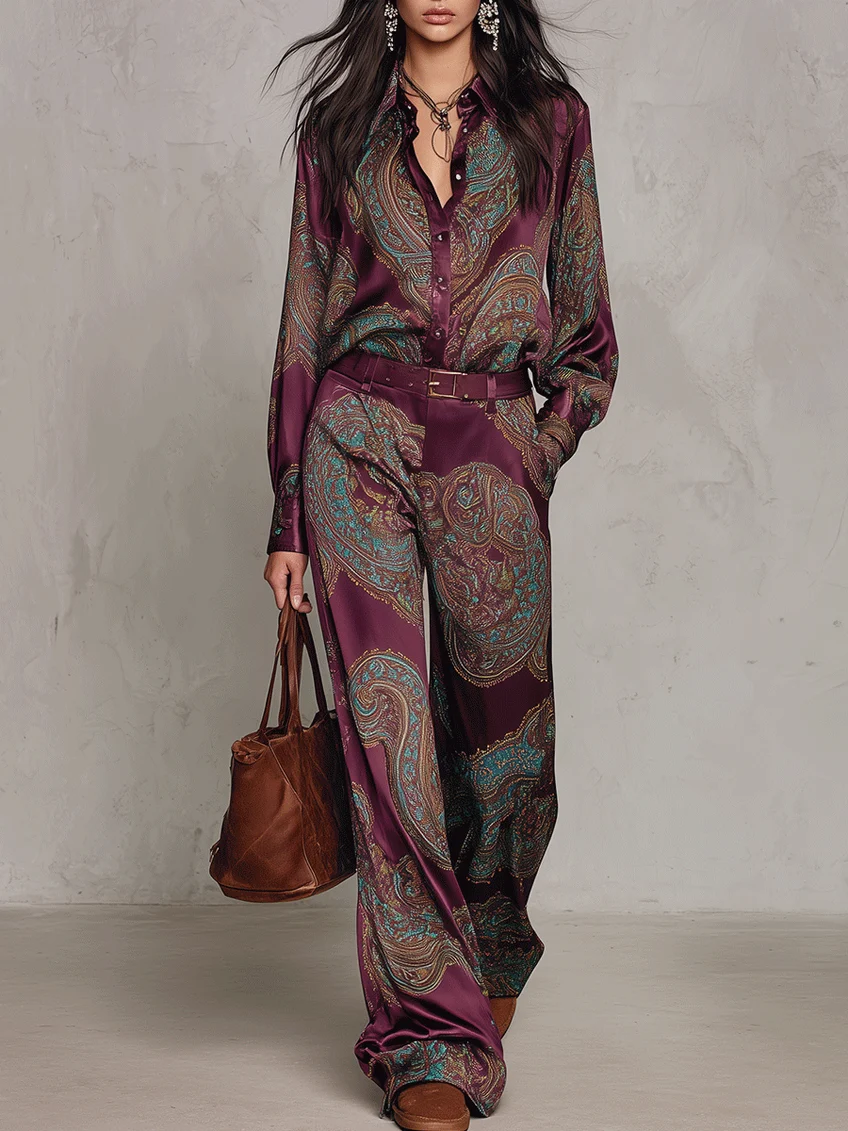 Burgundy Paisley Print Satin Shirt & Wide-Leg Trousers Set